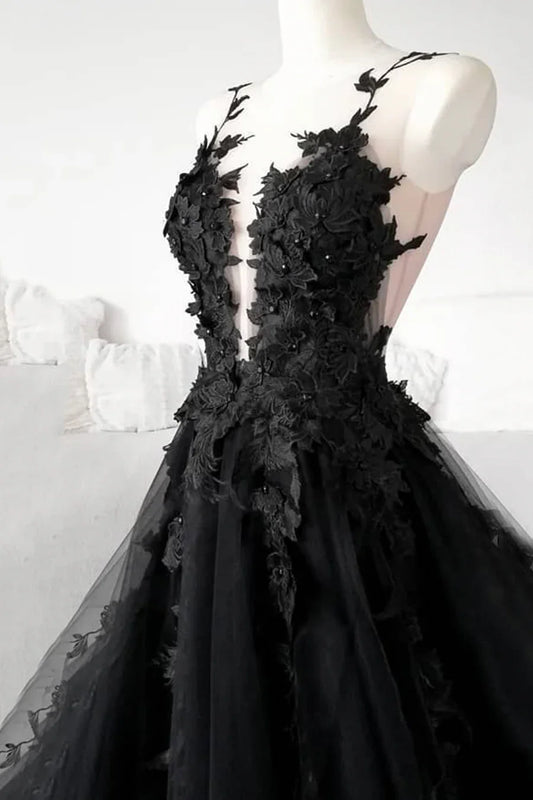 Black Tulle Lace Long Prom Dress, Black Formal Graduation Dress TP767