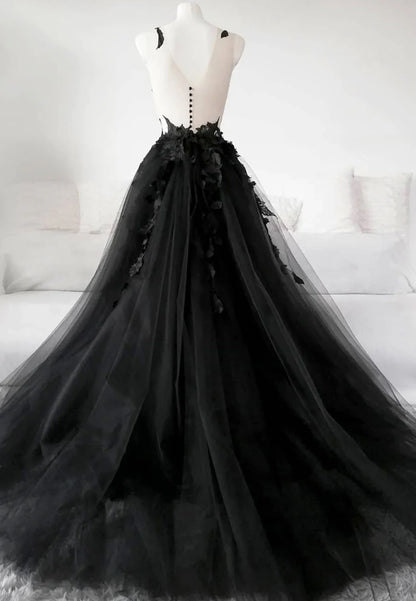 Black Tulle Lace Long Prom Dress, Black Formal Graduation Dress TP767