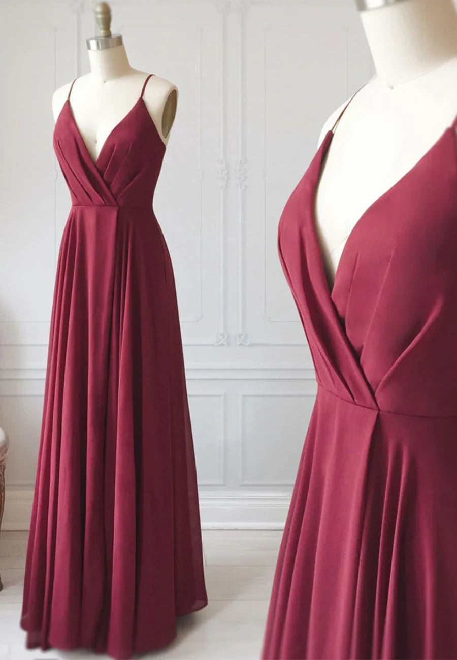 Vestido de fiesta largo de gasa burdeos, vestido de noche sencillo con escote en V TP770