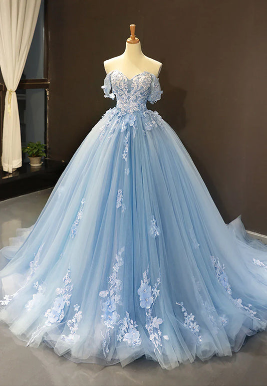 Blue Tulle Long A-Line Prom Dress, Off the Shoulder Evening Dress TP773