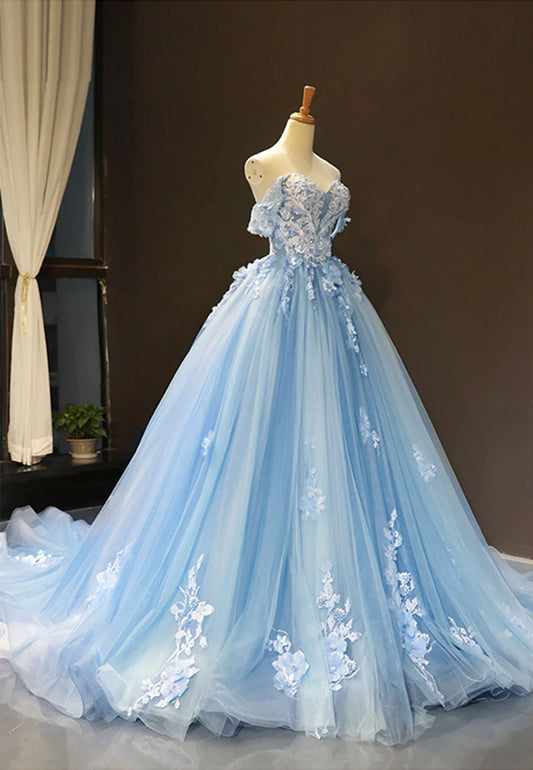 Blue Tulle Long A-Line Prom Dress, Off the Shoulder Evening Dress TP773