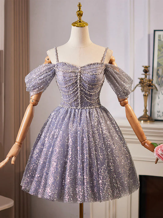 Vestido de fiesta de tul brillante con lentejuelas y largo hasta la rodilla, corte A, hombros descubiertos, TP776