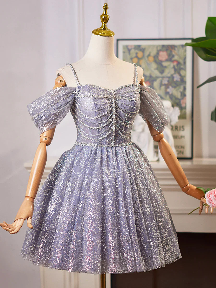 Vestido de fiesta de tul brillante con lentejuelas y largo hasta la rodilla, corte A, hombros descubiertos, TP776