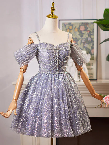 Vestido de fiesta de tul brillante con lentejuelas y largo hasta la rodilla, corte A, hombros descubiertos, TP776