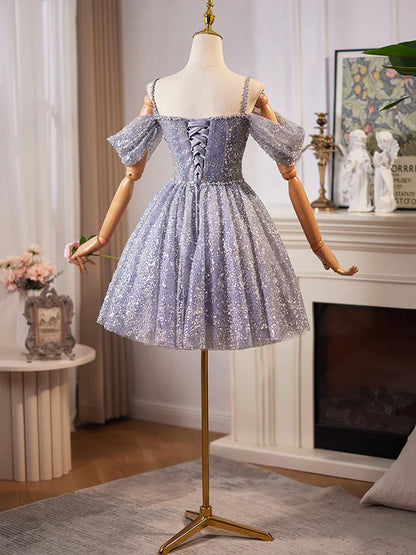 Vestido de fiesta de tul brillante con lentejuelas y largo hasta la rodilla, corte A, hombros descubiertos, TP776