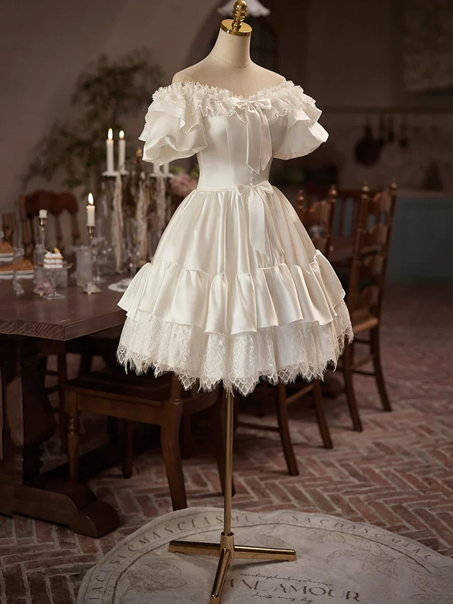 Vestido de fiesta de satén blanco con encaje hasta la rodilla, corte A y hombros descubiertos, TP779