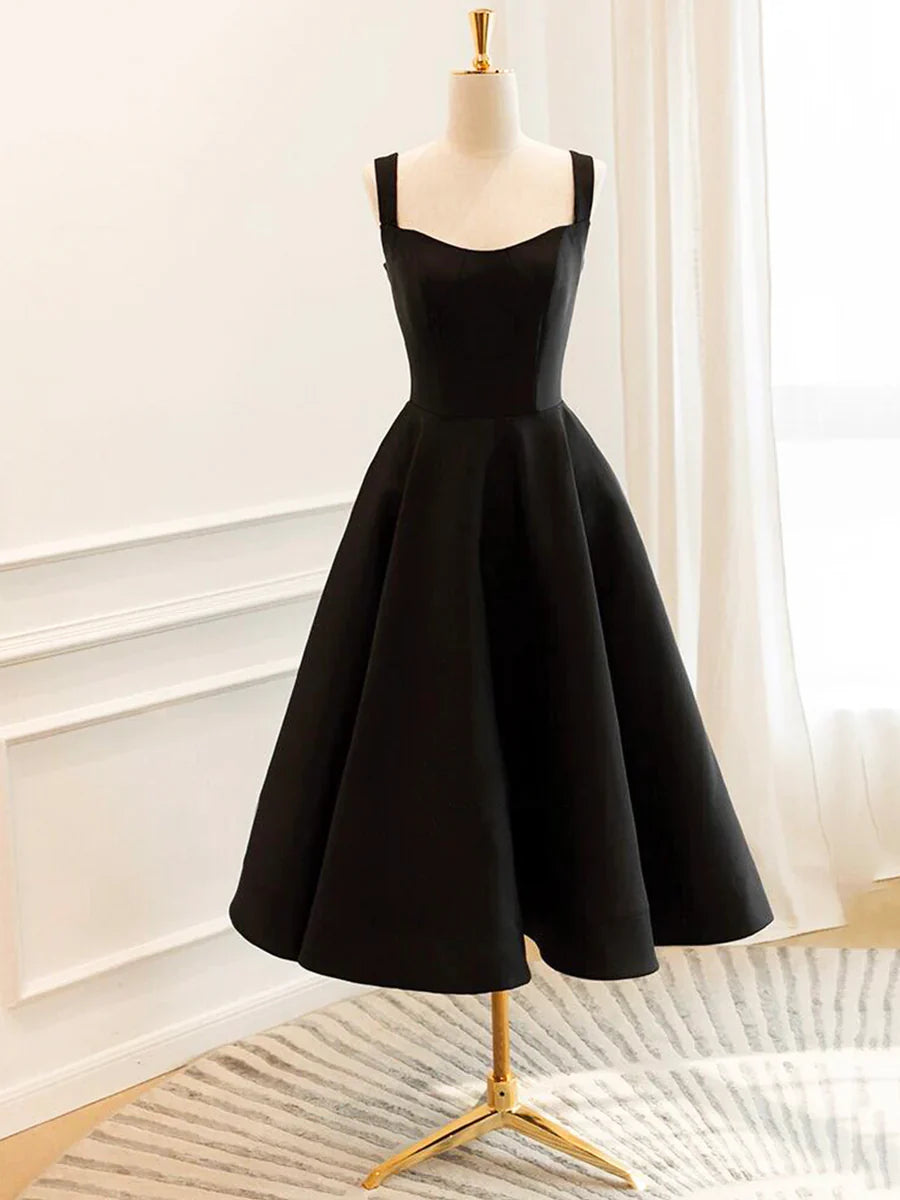 Vestido de fiesta corto de satén negro, sencillo, corte A, TP784