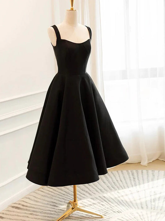 Vestido de fiesta corto de satén negro, sencillo, corte A, TP784