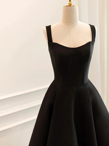 Vestido de fiesta corto de satén negro, sencillo, corte A, TP784