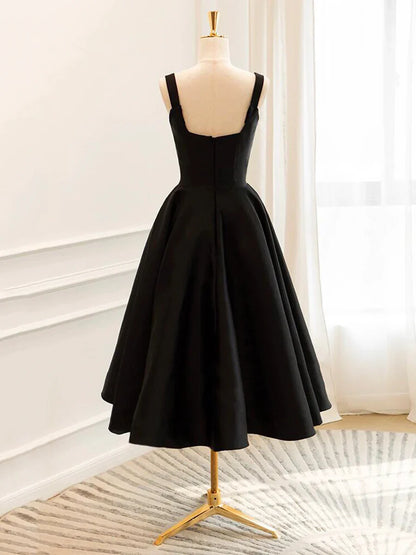 Vestido de fiesta corto de satén negro, sencillo, corte A, TP784