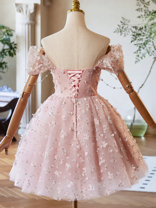 Vestido de fiesta de tul rosa hasta la rodilla, precioso vestido de noche con hombros descubiertos TP795