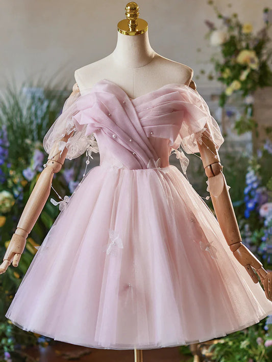 Vestido de fiesta de tul rosa hasta la rodilla, corte A, precioso vestido de fiesta con hombros descubiertos TP797