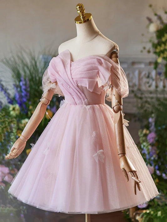 Vestido de fiesta de tul rosa hasta la rodilla, corte A, precioso vestido de fiesta con hombros descubiertos TP797