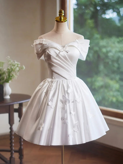 White Satin Butterfly Bow Party Dresses, Lovely A-Line Evening Homecoming Dress TP806