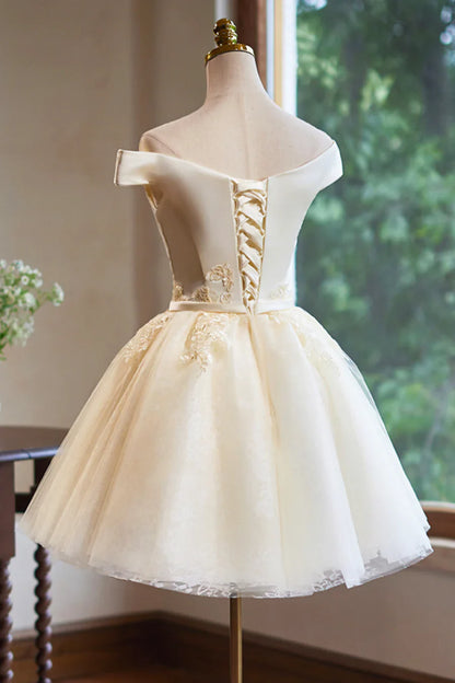 Precioso vestido de fiesta de tul hasta la rodilla, color champán, con hombros descubiertos, TP807