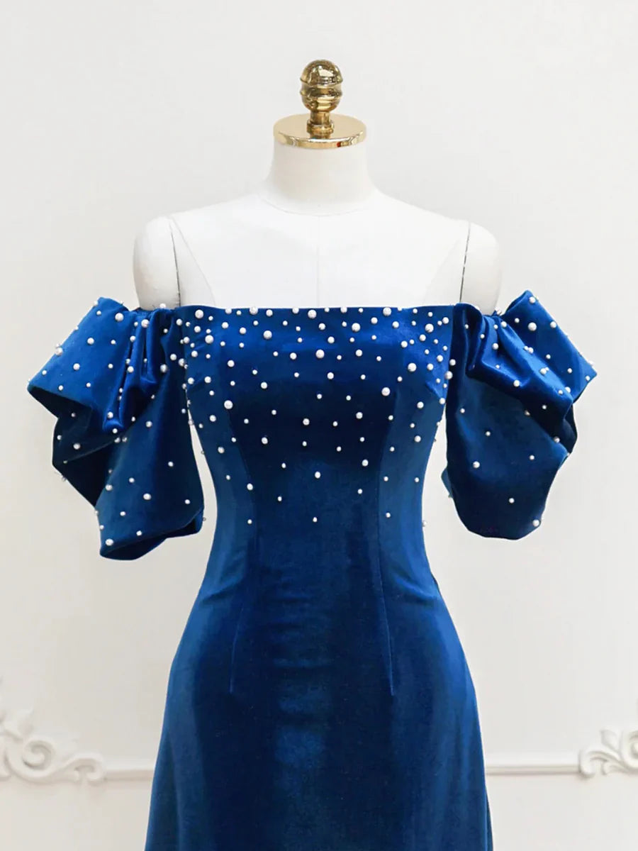 Blue Velvet A-Line Short Prom Dress with Pearls, Off the Shoulder Evening Party Dress TP812