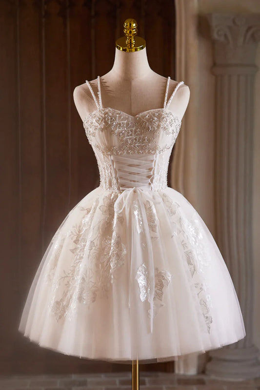 Vestido de fiesta corto de tul con cuentas y corte en A, color champán, con tirantes finos, TP813
