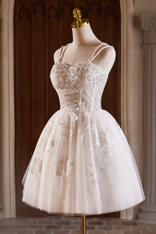 Vestido de fiesta corto de tul con cuentas y corte en A, color champán, con tirantes finos, TP813