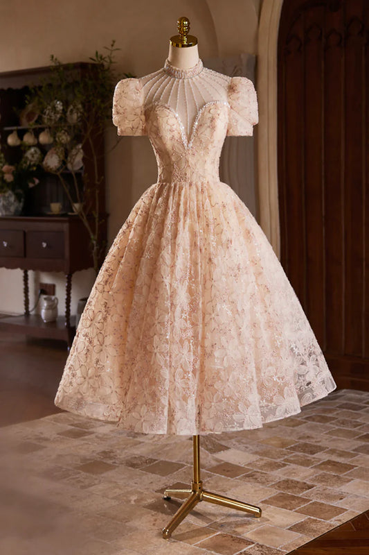 Cute Tulle Flower Tea Length Prom Dress, Beautiful Short Sleeve A-Line Evening Party Dress TP814