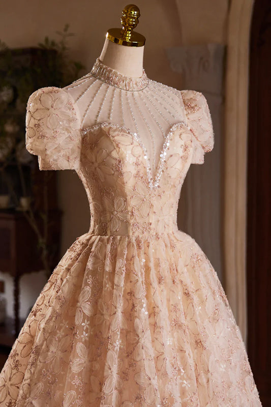 Cute Tulle Flower Tea Length Prom Dress, Beautiful Short Sleeve A-Line Evening Party Dress TP814