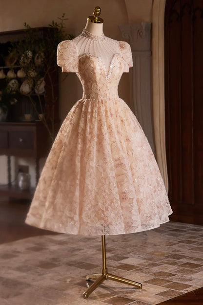 Cute Tulle Flower Tea Length Prom Dress, Beautiful Short Sleeve A-Line Evening Party Dress TP814