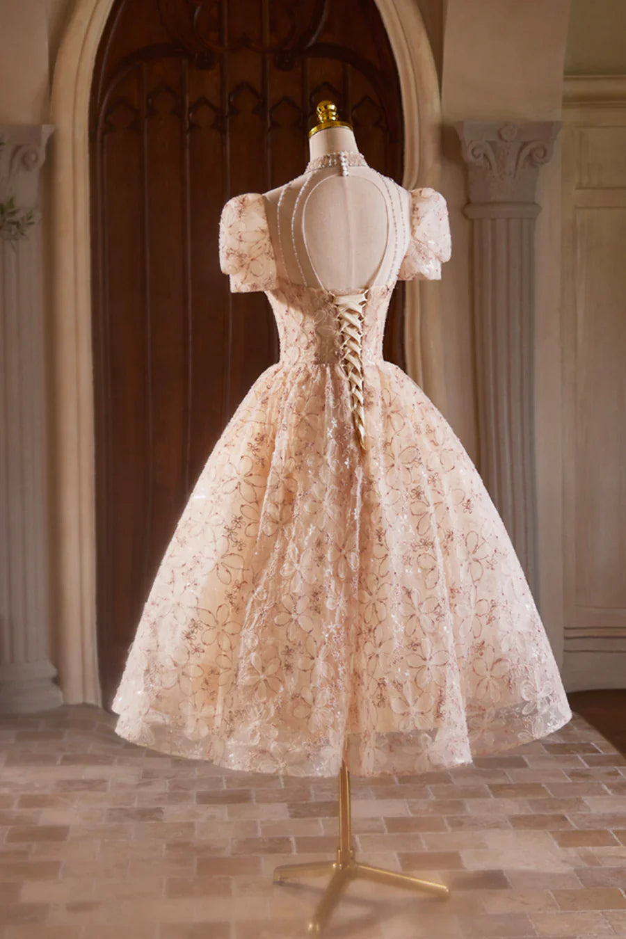 Cute Tulle Flower Tea Length Prom Dress, Beautiful Short Sleeve A-Line Evening Party Dress TP814
