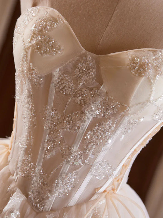 Champagne Strapless Tulle Sequins Short Prom Dress, Lovely Sweetheart Homecoming Party Dress TP816