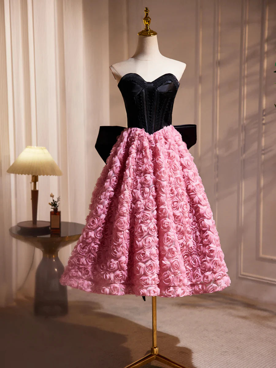Vestido de fiesta corto de satén negro con volantes rosas y flores, precioso vestido de cóctel de corte A sin tirantes y lazo TP820