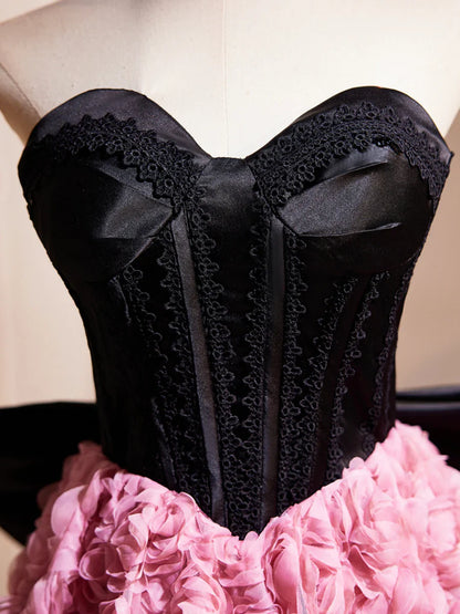 Vestido de fiesta corto de satén negro con volantes rosas y flores, precioso vestido de cóctel de corte A sin tirantes y lazo TP820