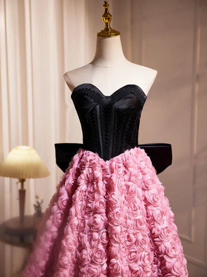 Vestido de fiesta corto de satén negro con volantes rosas y flores, precioso vestido de cóctel de corte A sin tirantes y lazo TP820
