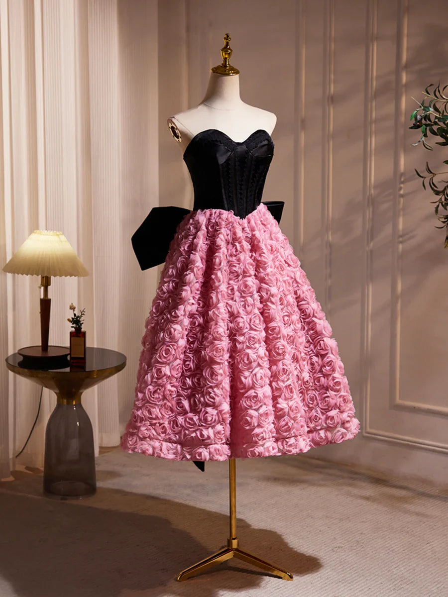 Vestido de fiesta corto de satén negro con volantes rosas y flores, precioso vestido de cóctel de corte A sin tirantes y lazo TP820