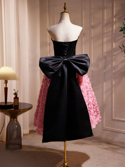 Vestido de fiesta corto de satén negro con volantes rosas y flores, precioso vestido de cóctel de corte A sin tirantes y lazo TP820