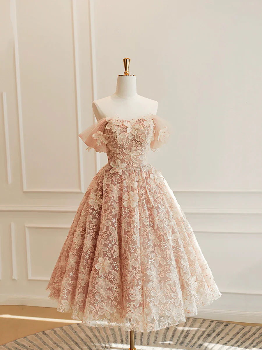 Cute Tulle Flower Short Prom Dress, Beautiful Off the Shoulder A-Line Evening Party Dress TP823