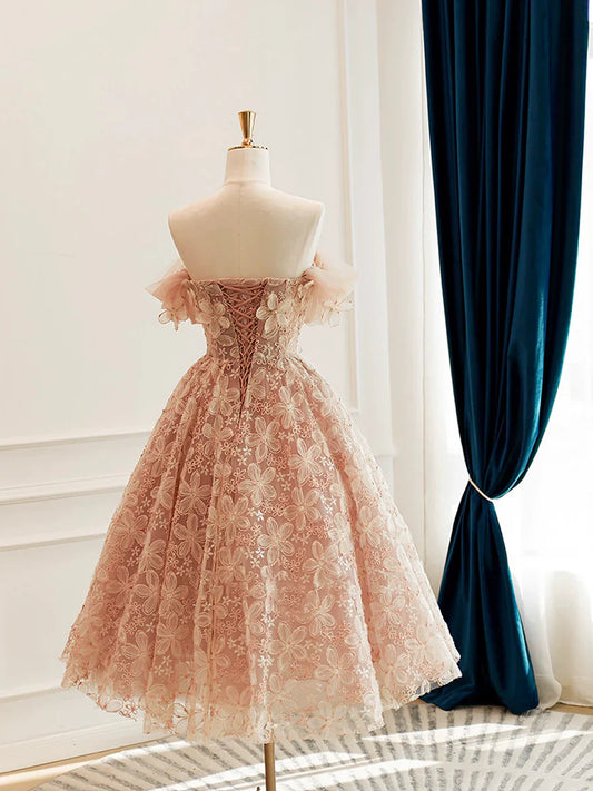 Cute Tulle Flower Short Prom Dress, Beautiful Off the Shoulder A-Line Evening Party Dress TP823