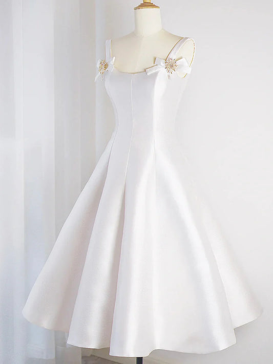 Vestido de fiesta corto de satén blanco, sencillo, corte A, TP826