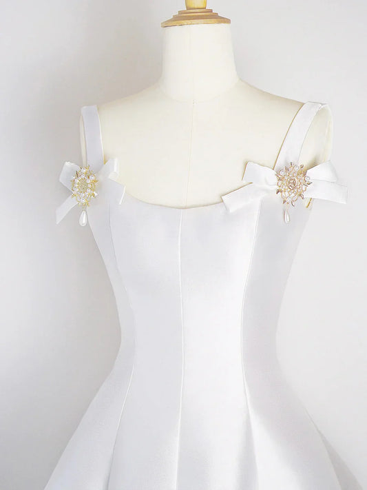 Vestido de fiesta corto de satén blanco, sencillo, corte A, TP826