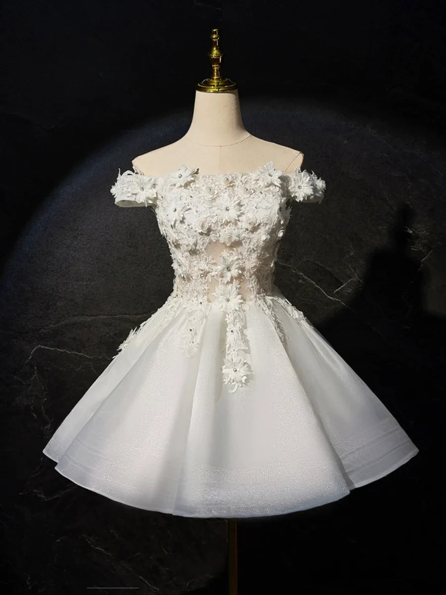 Vestido corto de fiesta con encaje y flores blancas, precioso vestido de noche de corte A TP828