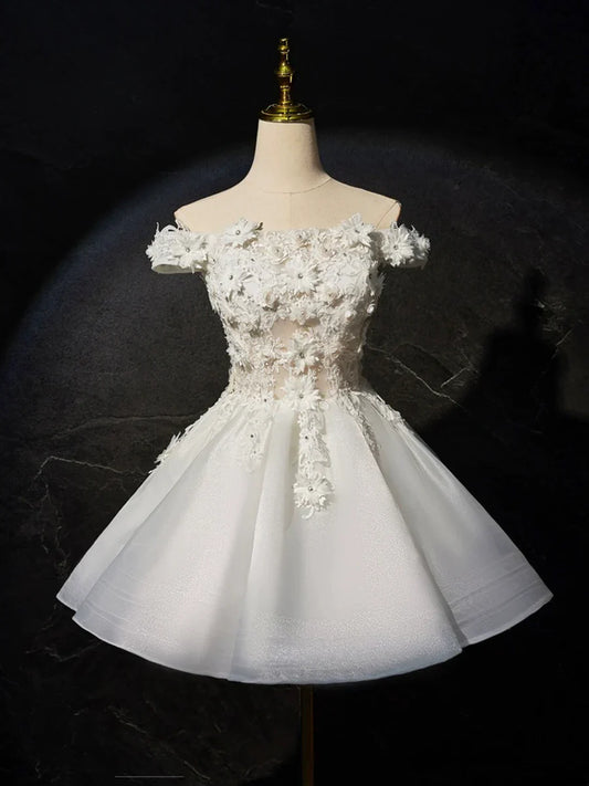 Vestido corto de fiesta con encaje y flores blancas, precioso vestido de noche de corte A TP828