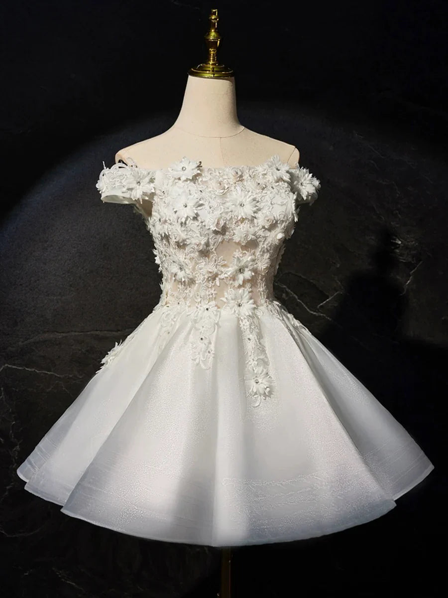 Vestido corto de fiesta con encaje y flores blancas, precioso vestido de noche de corte A TP828