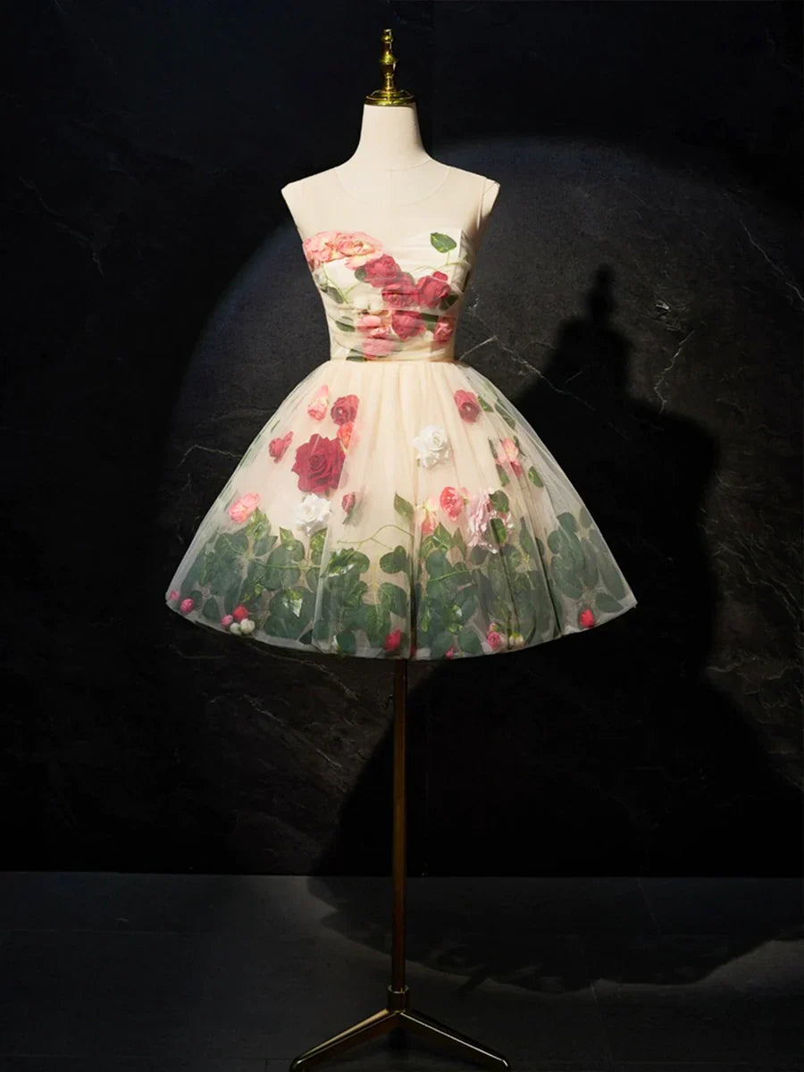 Champagne Scoop Neck Short Prom Dress with Flowers, Cute A-Line Party Dress TP829