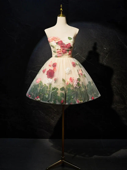 Champagne Scoop Neck Short Prom Dress with Flowers, Cute A-Line Party Dress TP829
