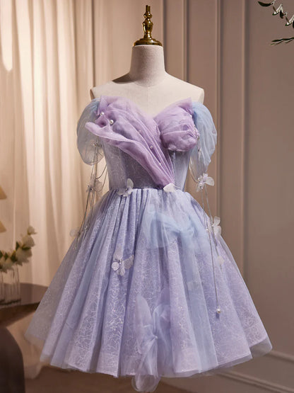 Vestido formal de tul morado hasta la rodilla para fiesta de cumpleaños, con hombros descubiertos, vestido de fiesta morado TP833