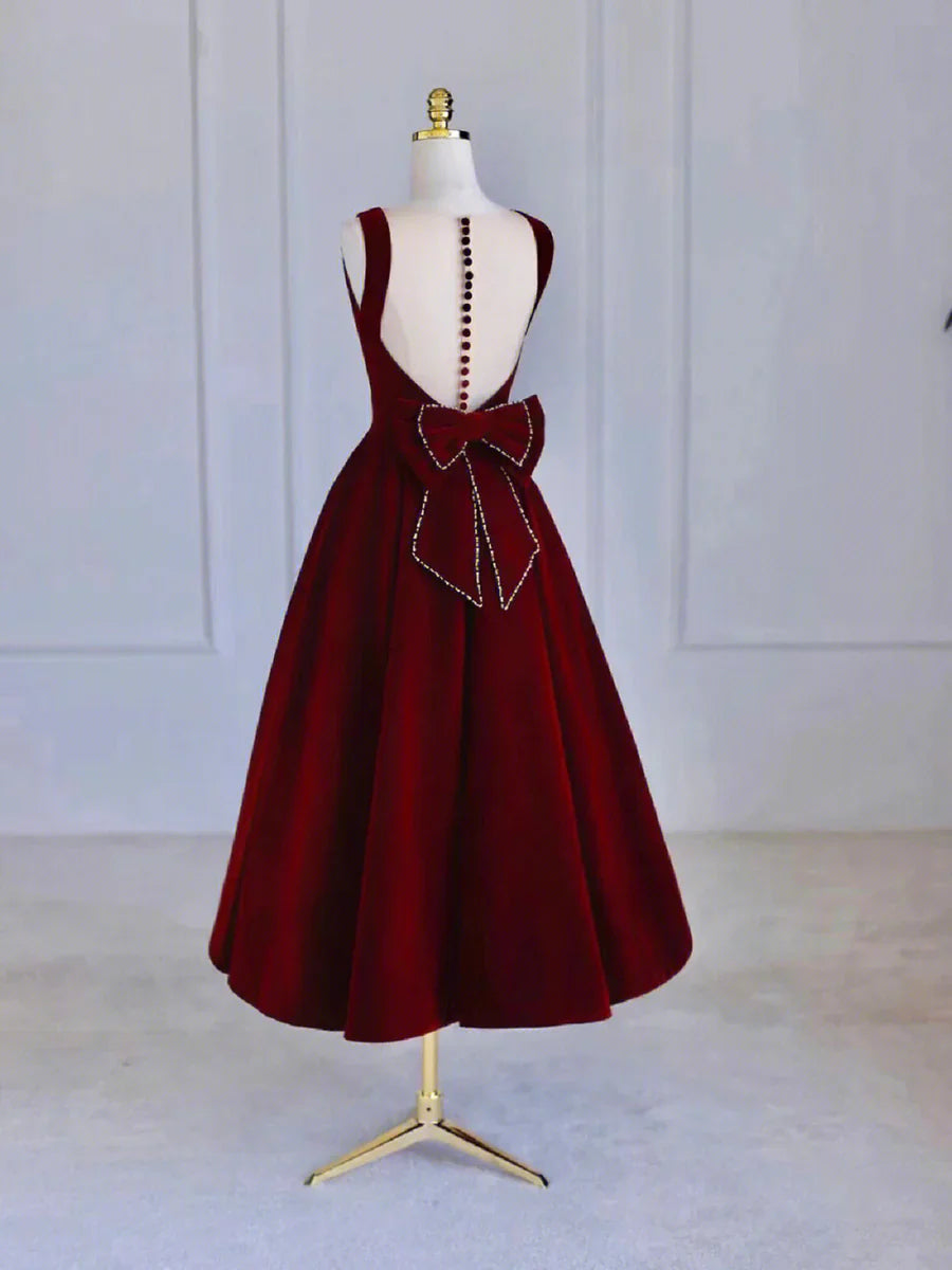 Vestido de fiesta de terciopelo burdeos, largo hasta la rodilla, con lazo, vestido de noche burdeos TP839