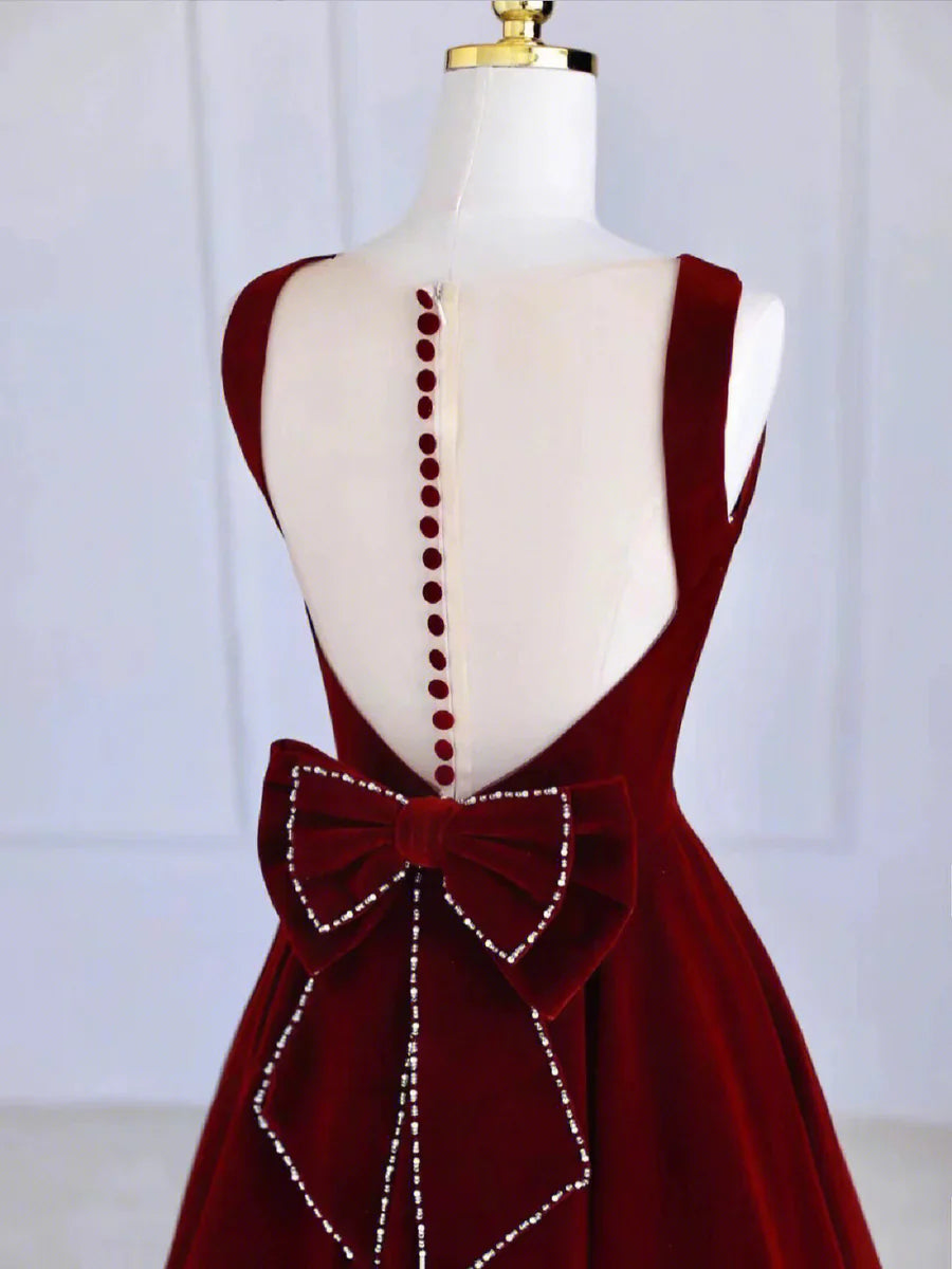 Vestido de fiesta de terciopelo burdeos, largo hasta la rodilla, con lazo, vestido de noche burdeos TP839
