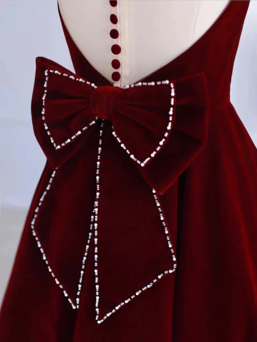 Vestido de fiesta de terciopelo burdeos, largo hasta la rodilla, con lazo, vestido de noche burdeos TP839