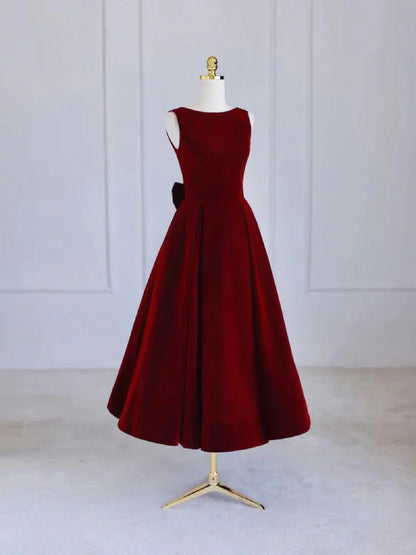Vestido de fiesta de terciopelo burdeos, largo hasta la rodilla, con lazo, vestido de noche burdeos TP839