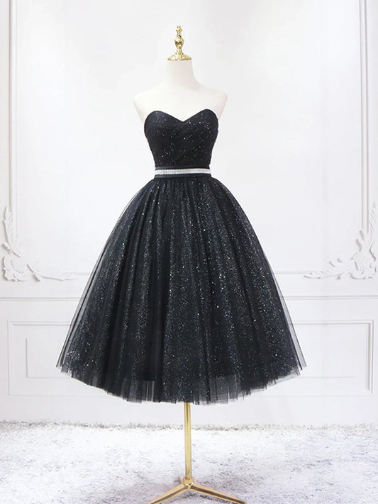 Vestido de fiesta de tul negro brillante, largo hasta la rodilla, sin tirantes, corte A, TP840