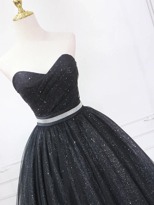 Vestido de fiesta de tul negro brillante, largo hasta la rodilla, sin tirantes, corte A, TP840