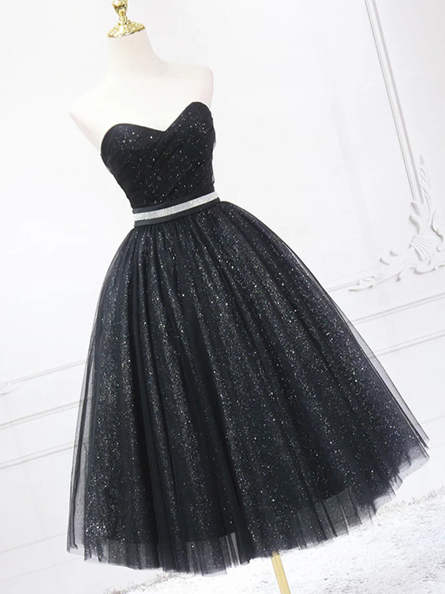 Vestido de fiesta de tul negro brillante, largo hasta la rodilla, sin tirantes, corte A, TP840