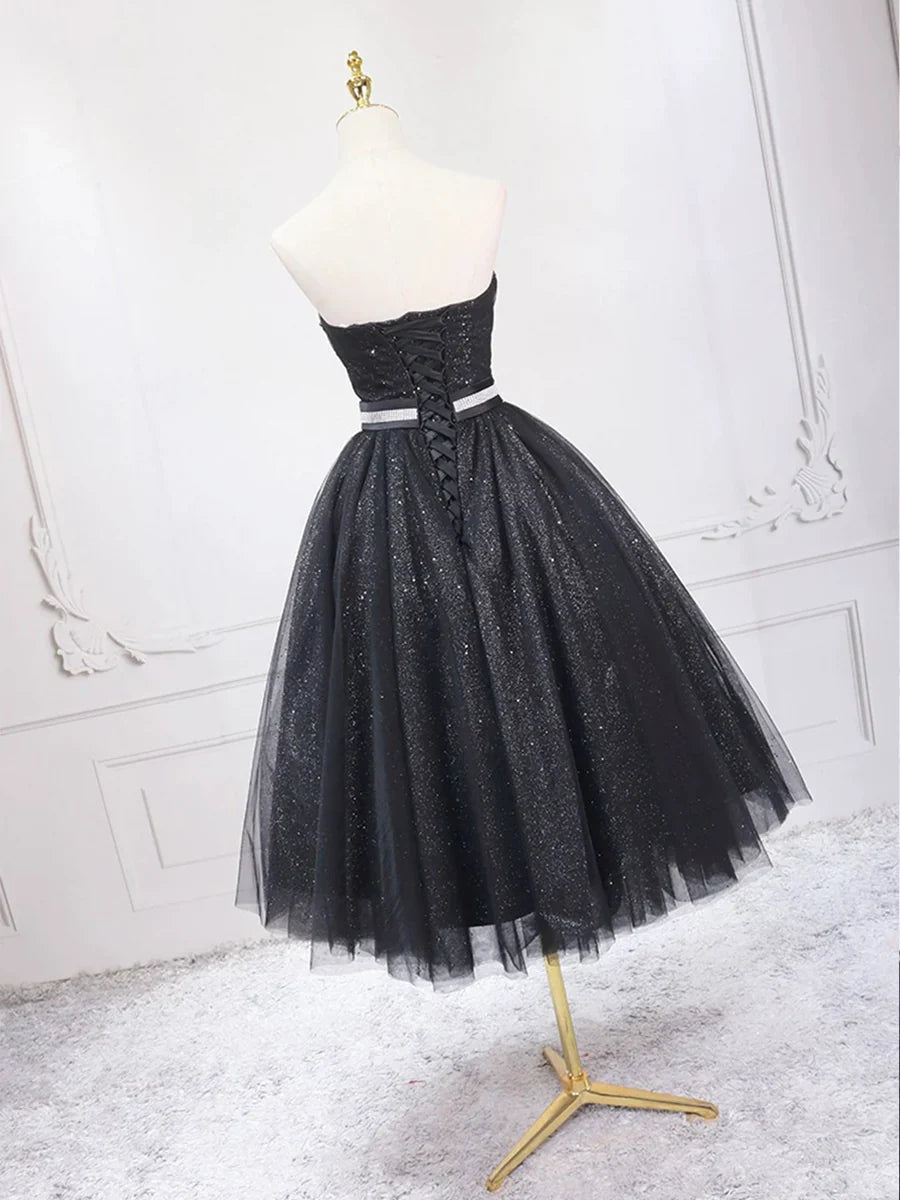 Vestido de fiesta de tul negro brillante, largo hasta la rodilla, sin tirantes, corte A, TP840